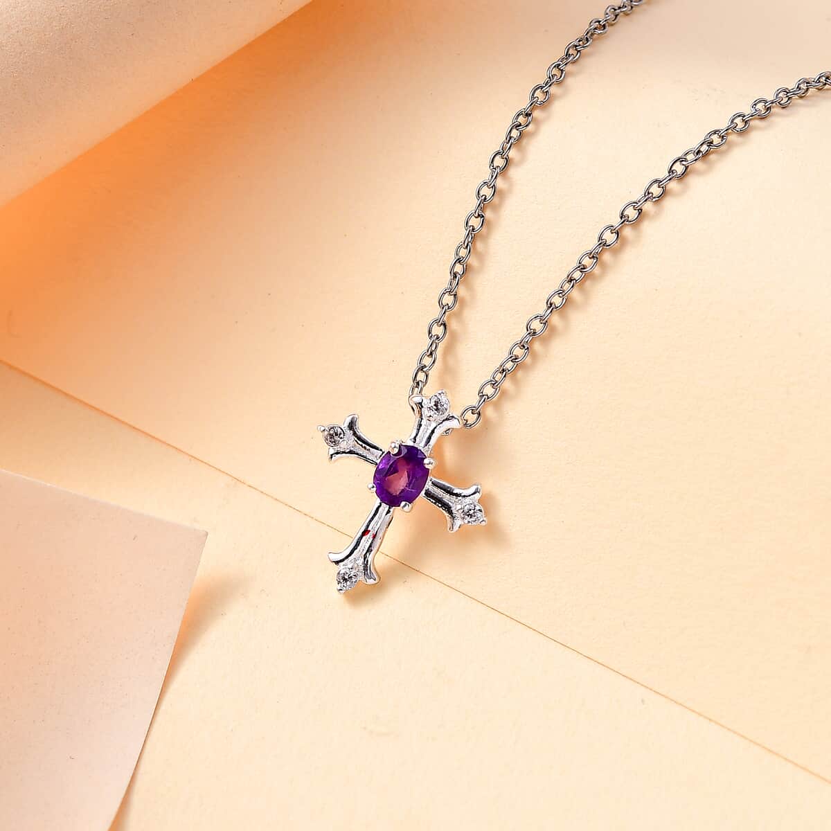 African Amethyst and White Zircon Cross 0.50 ctw Pendant in Sterling Silver with Stainless Steel Chain 20 Inches image number 1