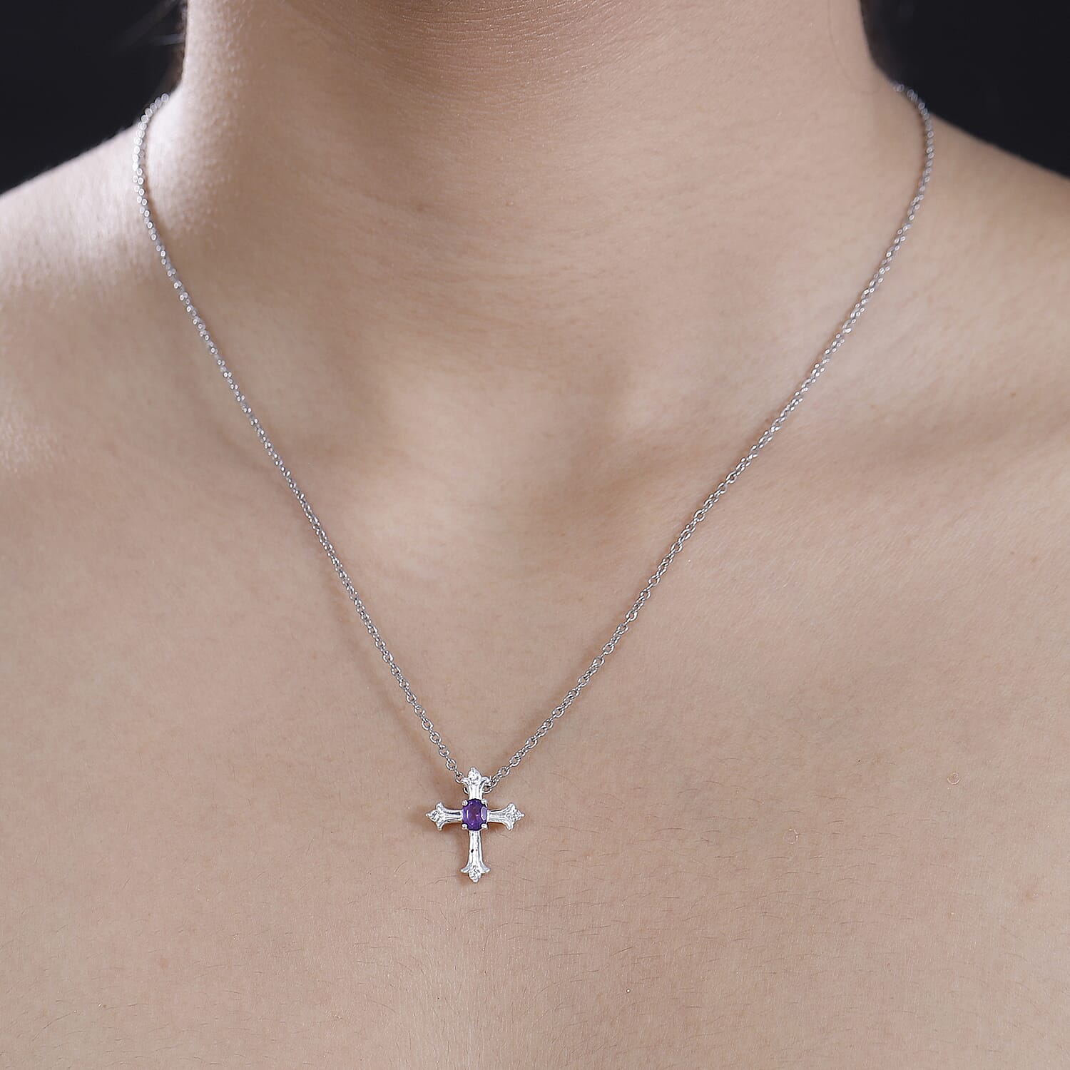 African Amethyst and White Zircon Cross 0.50 ctw Pendant in Sterling Silver with Stainless Steel Chain 20 Inches