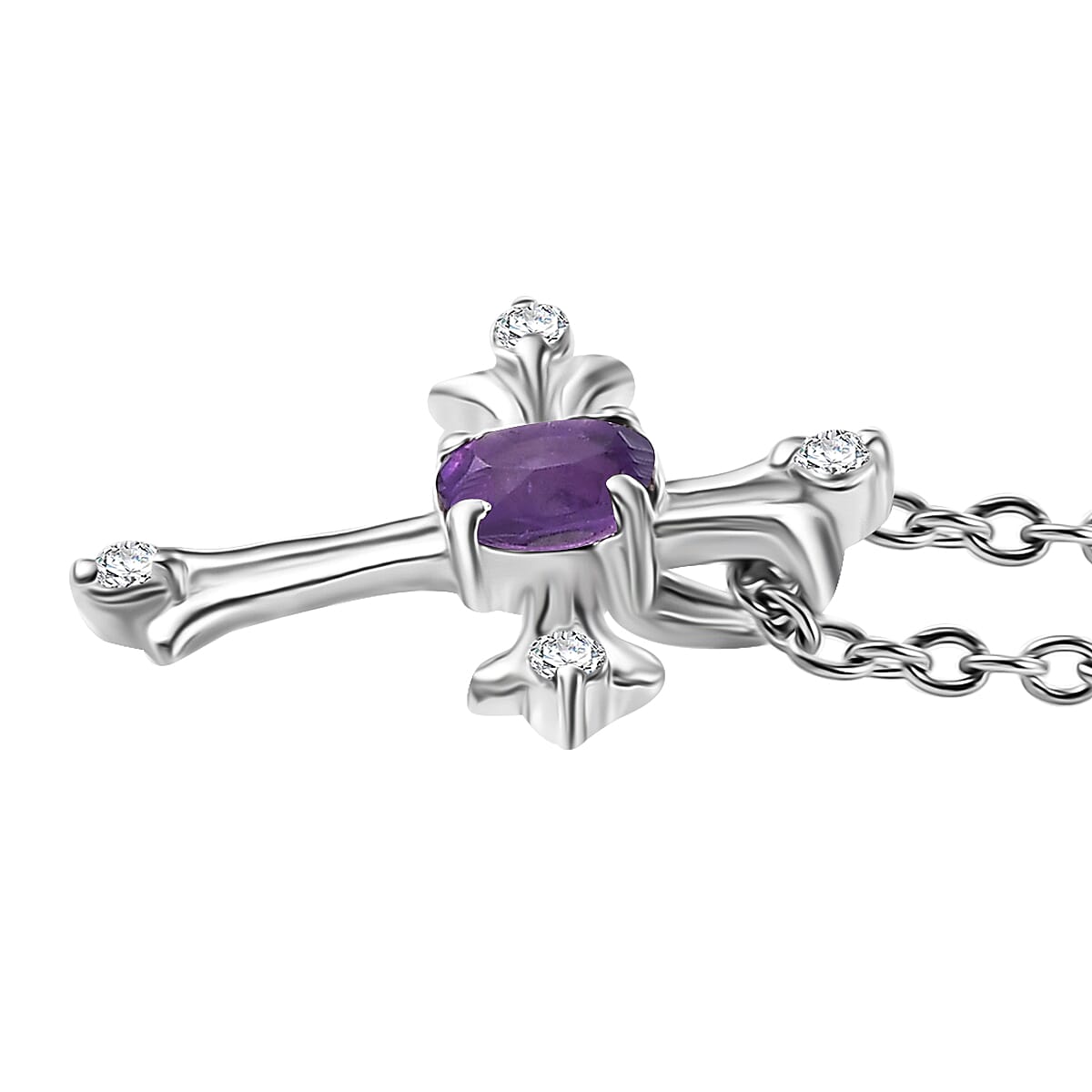 African Amethyst and White Zircon Cross 0.50 ctw Pendant in Sterling Silver with Stainless Steel Chain 20 Inches