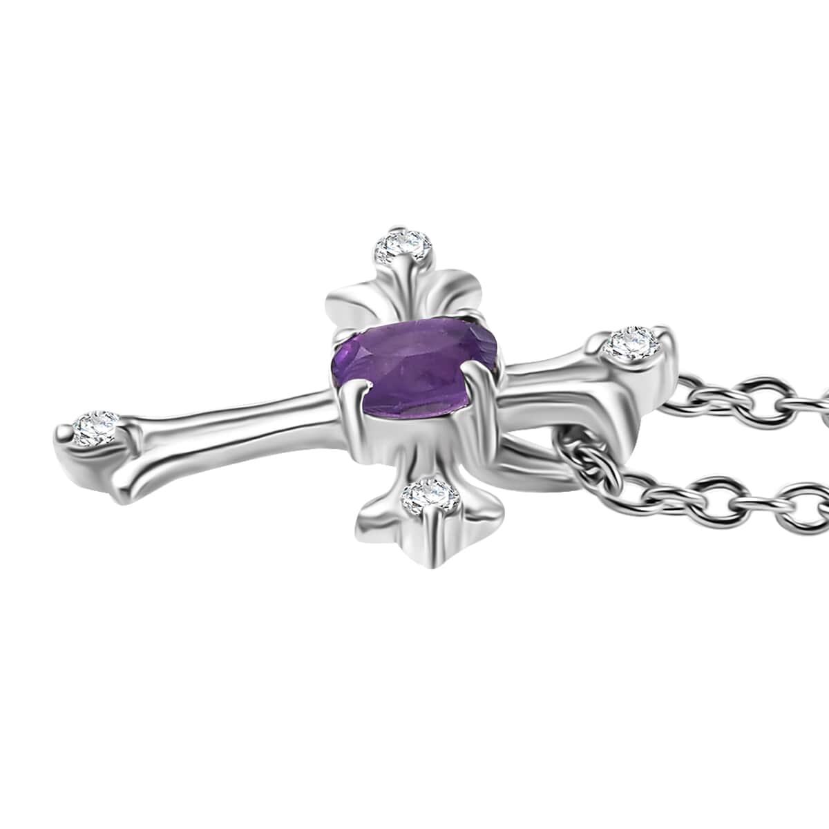 African Amethyst and White Zircon Cross 0.50 ctw Pendant in Sterling Silver with Stainless Steel Chain 20 Inches image number 3