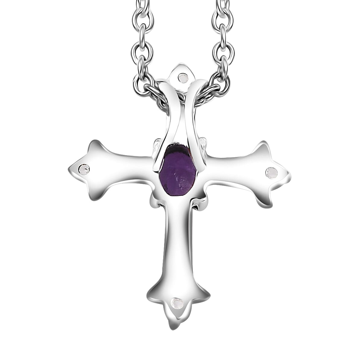 African Amethyst and White Zircon Cross 0.50 ctw Pendant in Sterling Silver with Stainless Steel Chain 20 Inches