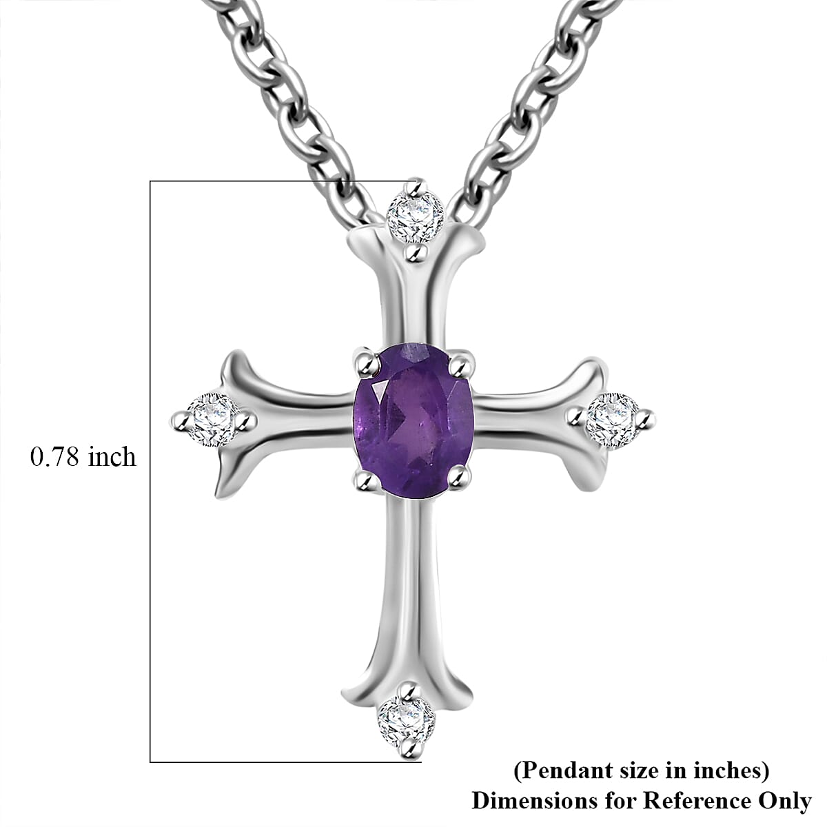 African Amethyst and White Zircon Cross 0.50 ctw Pendant in Sterling Silver with Stainless Steel Chain 20 Inches