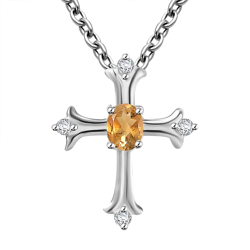 Brazilian Citrine and White Zircon 0.40 ctw Cross Pendant in Sterling Silver with Stainless Steel Chain 20 Inches
