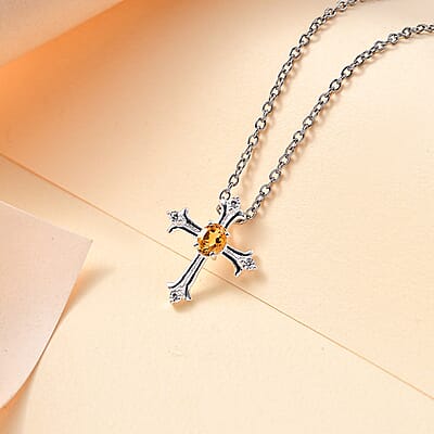 Brazilian Citrine and White Zircon 0.40 ctw Cross Pendant in Sterling Silver with Stainless Steel Chain 20 Inches