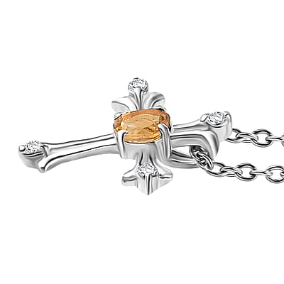 Brazilian Citrine and White Zircon 0.40 ctw Cross Pendant in Sterling Silver with Stainless Steel Chain 20 Inches