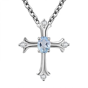 Sky Blue Topaz and White Zircon 0.55 ctw Cross Pendant in Sterling Silver with Stainless Steel Chain 20 Inches