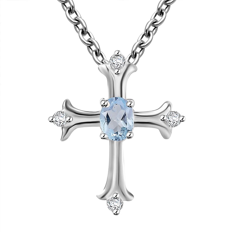 Sky Blue Topaz and White Zircon 0.55 ctw Cross Pendant in Sterling Silver with Stainless Steel Chain 20 Inches