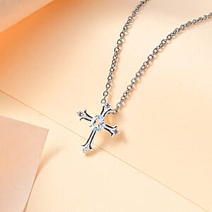 Sky Blue Topaz and White Zircon 0.55 ctw Cross Pendant in Sterling Silver with Stainless Steel Chain 20 Inches
