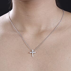 Sky Blue Topaz and White Zircon 0.55 ctw Cross Pendant in Sterling Silver with Stainless Steel Chain 20 Inches