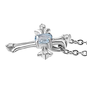 Sky Blue Topaz and White Zircon 0.55 ctw Cross Pendant in Sterling Silver with Stainless Steel Chain 20 Inches