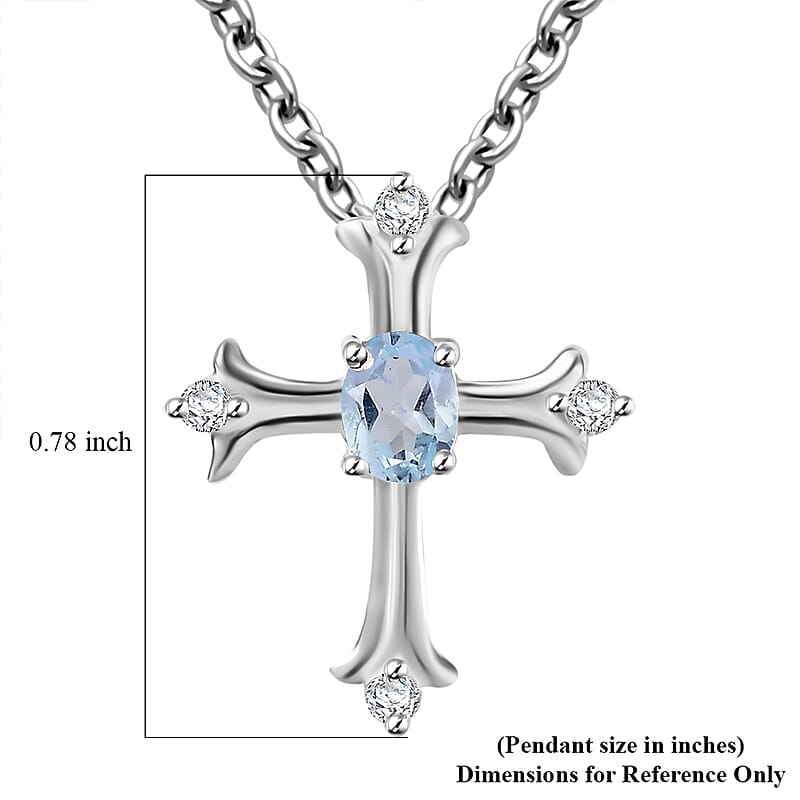Sky Blue Topaz and White Zircon 0.55 ctw Cross Pendant in Sterling Silver with Stainless Steel Chain 20 Inches