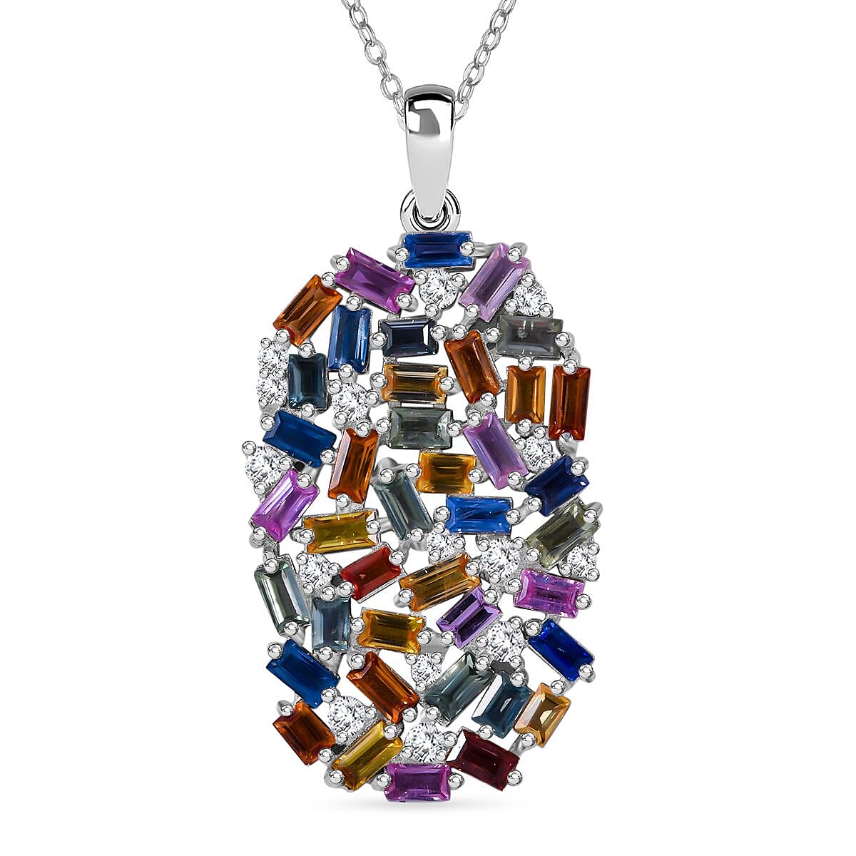 Multi Sapphire and Moissanite 6.00 ctw Pendant Necklace (20 Inches) in Rhodium Over Sterling Silver