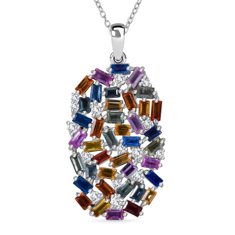 Multi Sapphire and Moissanite 6.00 ctw Pendant Necklace (20 Inches) in Rhodium Over Sterling Silver