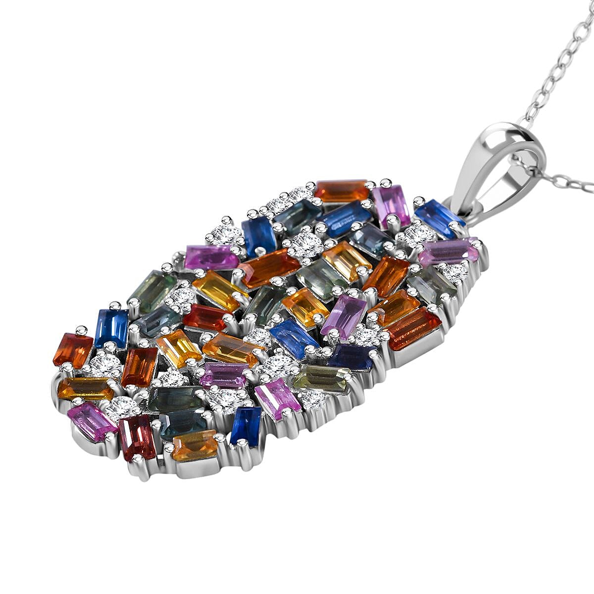 Multi Sapphire and Moissanite 6.00 ctw Pendant Necklace (20 Inches) in Rhodium Over Sterling Silver