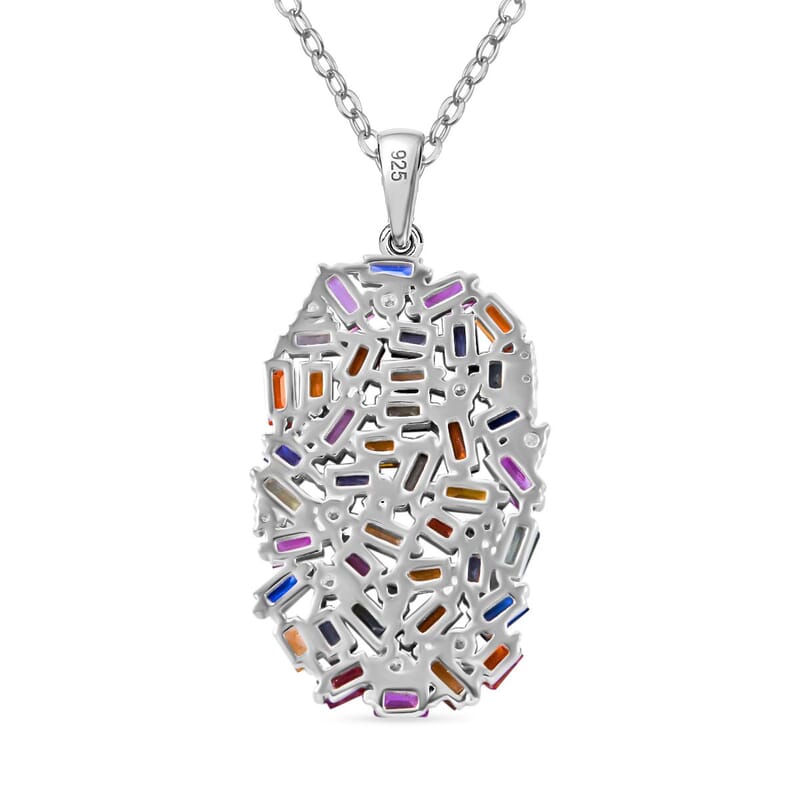 Multi Sapphire and Moissanite 6.00 ctw Pendant Necklace (20 Inches) in Rhodium Over Sterling Silver