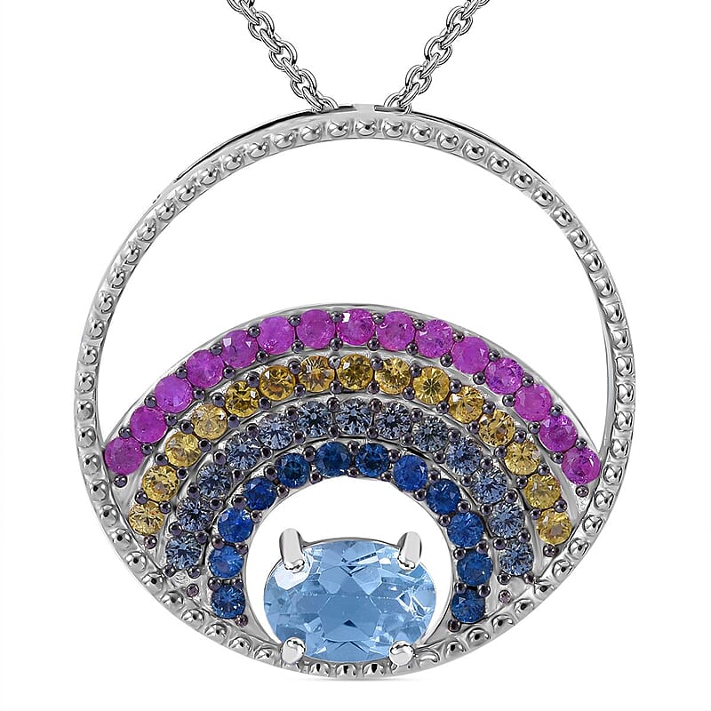 AA Sky Blue Topaz and Multi Sapphire 2.00 ctw Pendant Necklace in Rhodium Over Sterling Silver 20 Inches