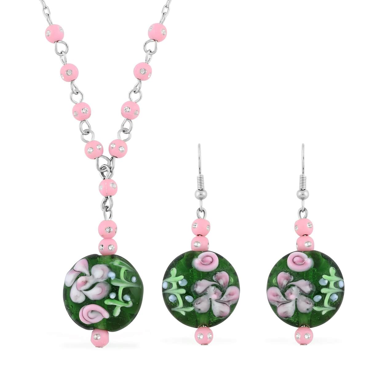 Green Glass, Enameled Rose Pendant Necklace 20 Inches and Earrings in Silvertone image number 0