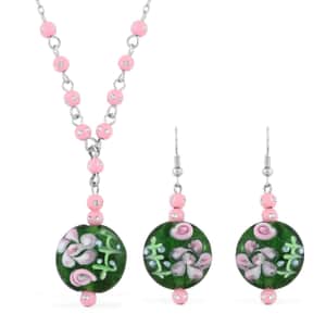 Green Glass, Enameled Rose Pendant Necklace 20 Inches and Earrings in Silvertone