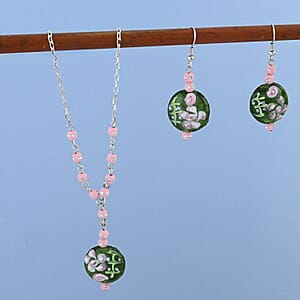 Green Glass, Enameled Rose Pendant Necklace 20 Inches and Earrings in Silvertone