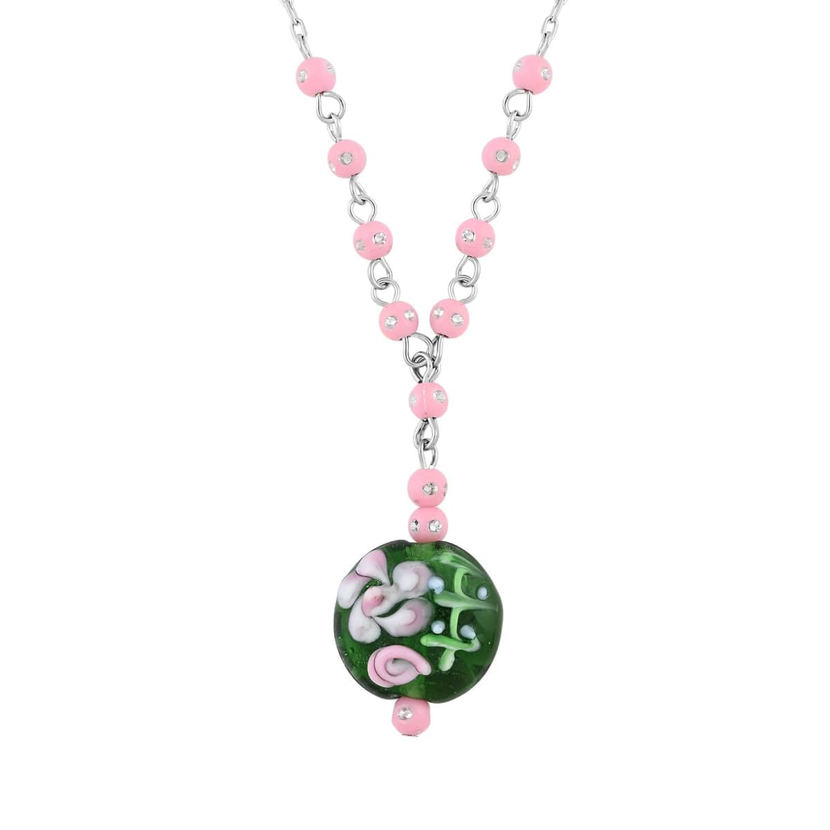 Green Glass, Enameled Rose Pendant Necklace 20 Inches and Earrings in Silvertone image number 2