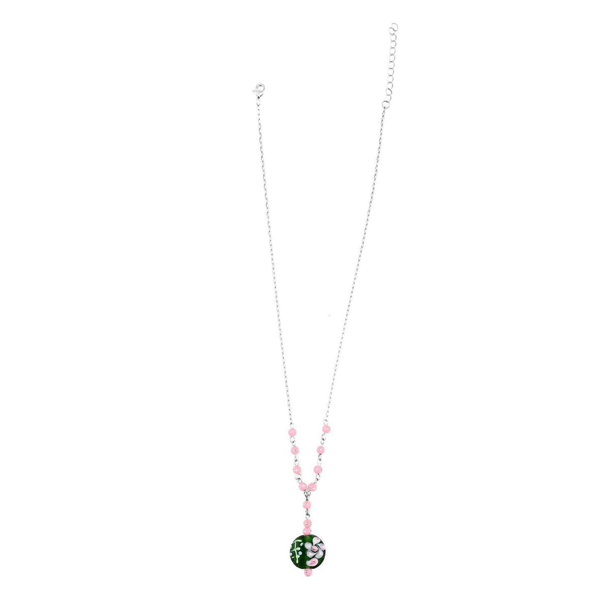 Green Glass, Enameled Rose Pendant Necklace 20 Inches and Earrings in Silvertone image number 4