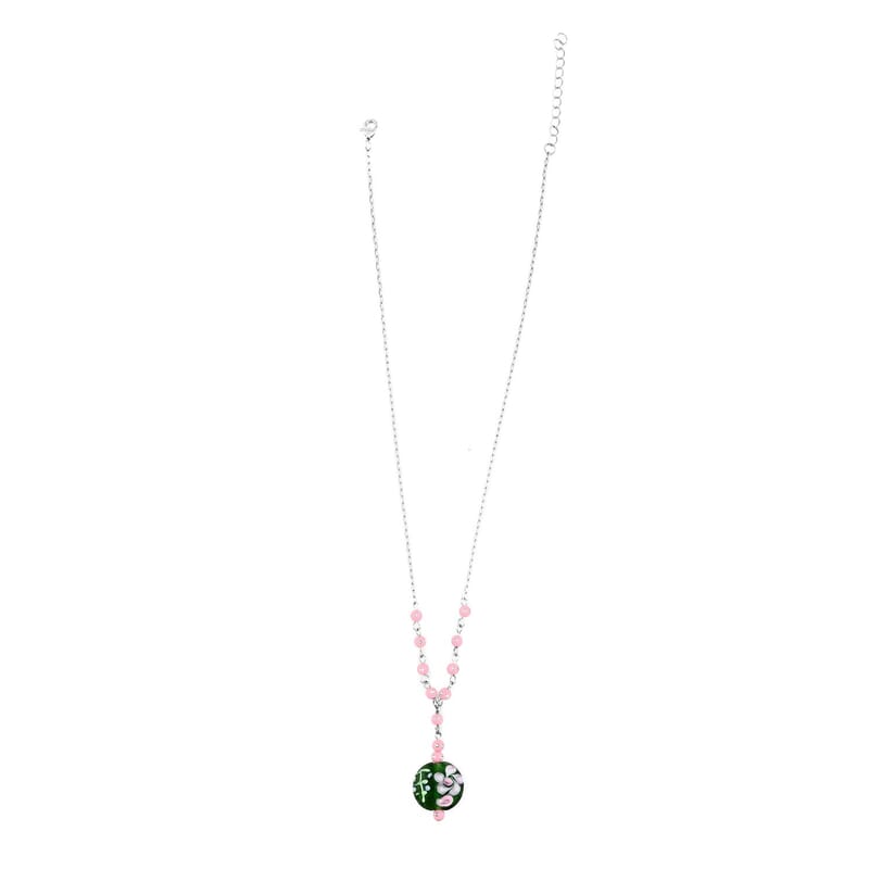Green Glass, Enameled Rose Pendant Necklace 20 Inches and Earrings in Silvertone