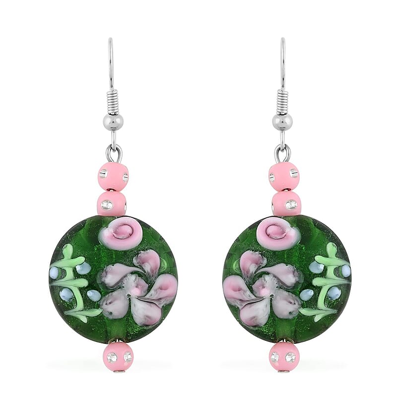 Green Glass, Enameled Rose Pendant Necklace 20 Inches and Earrings in Silvertone