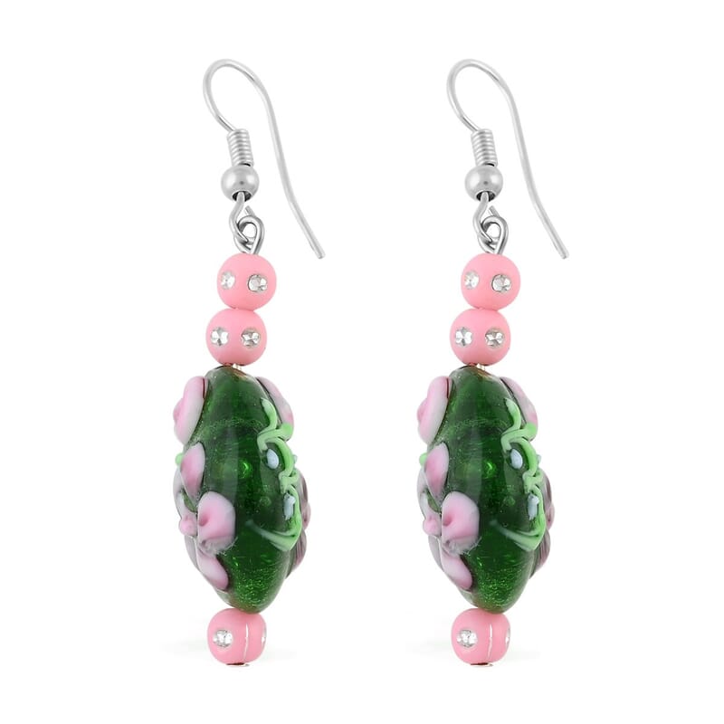 Green Glass, Enameled Rose Pendant Necklace 20 Inches and Earrings in Silvertone