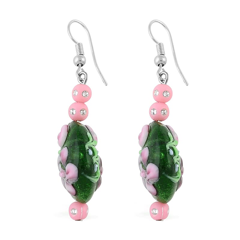 Green Glass, Enameled Rose Pendant Necklace 20 Inches and Earrings in Silvertone