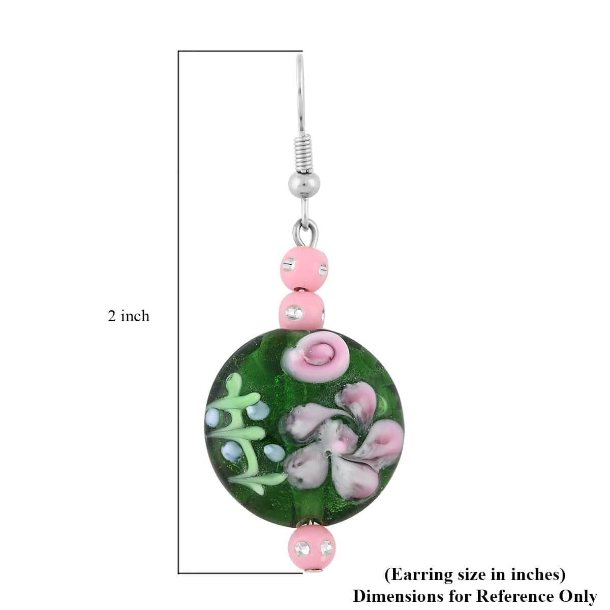 Green Glass, Enameled Rose Pendant Necklace 20 Inches and Earrings in Silvertone image number 7