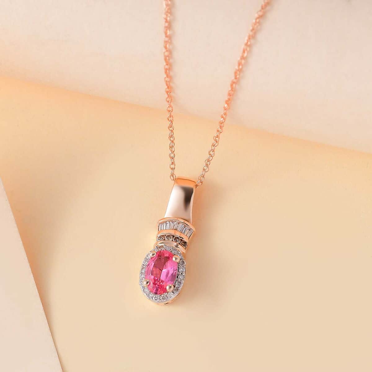 Certified & Appraised Luxoro AAA Mahenge Spinel, Natural Champagne and White Diamond 0.65 ctw Ballerina Pendant Necklace in 10K Rose Gold 20 Inches image number 1