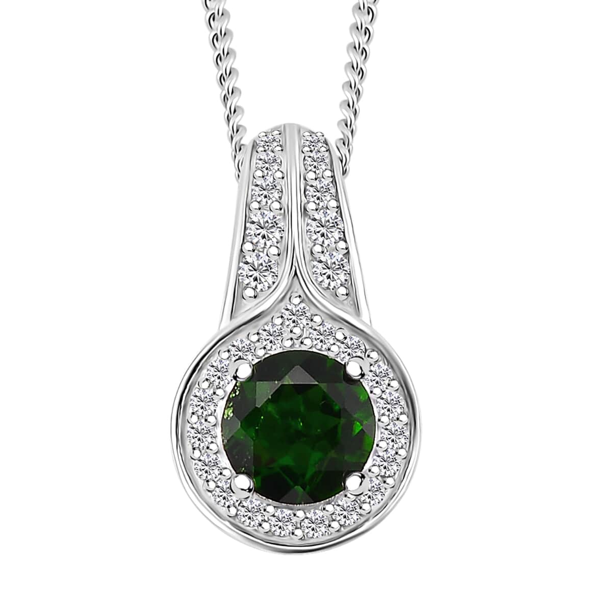 Chrome Diopside and White Zircon 1.15 ctw Halo Pendant Necklace 20 Inches in Platinum and Rhodium Over Sterling Silver image number 0