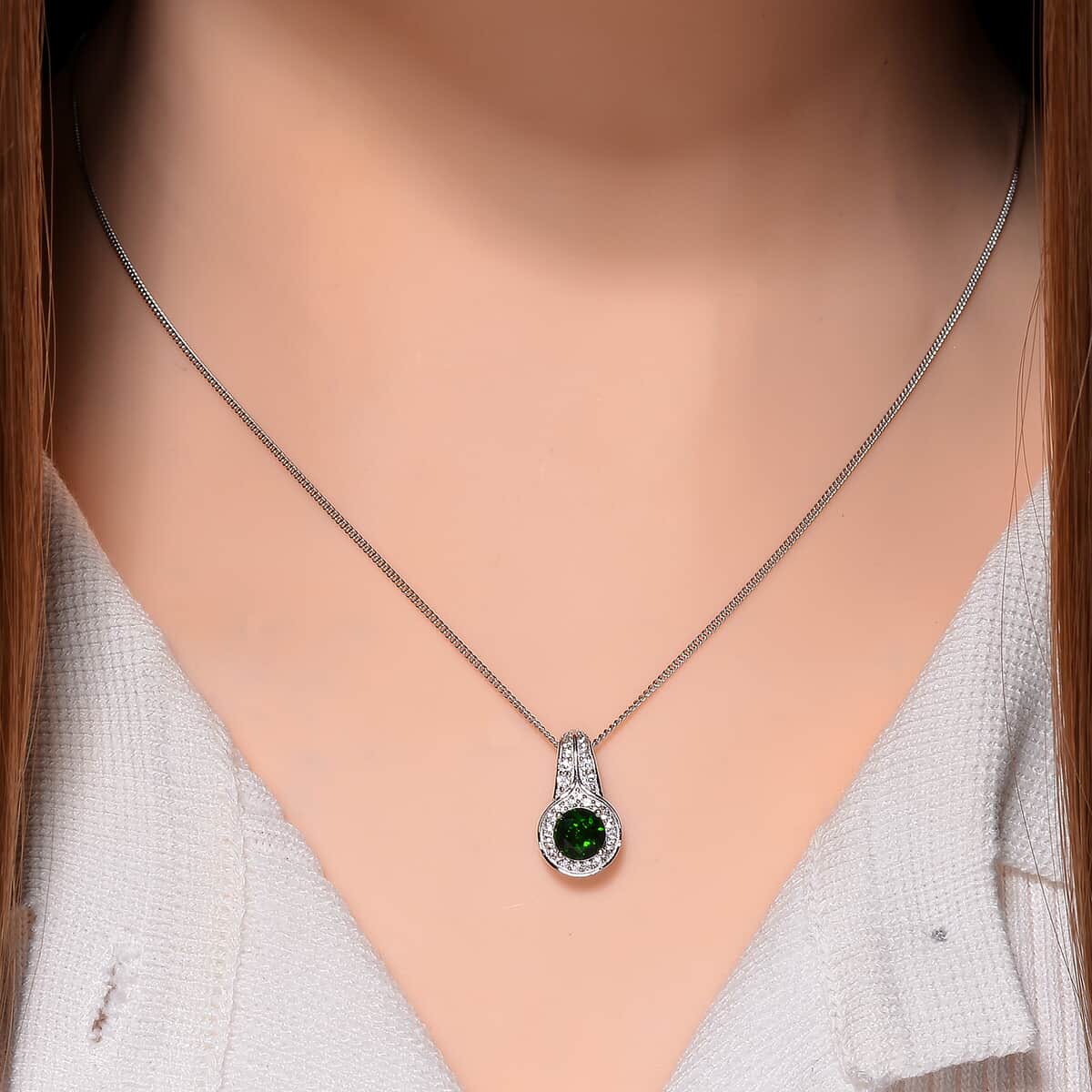 Chrome Diopside and White Zircon 1.15 ctw Halo Pendant Necklace 20 Inches in Platinum and Rhodium Over Sterling Silver image number 1