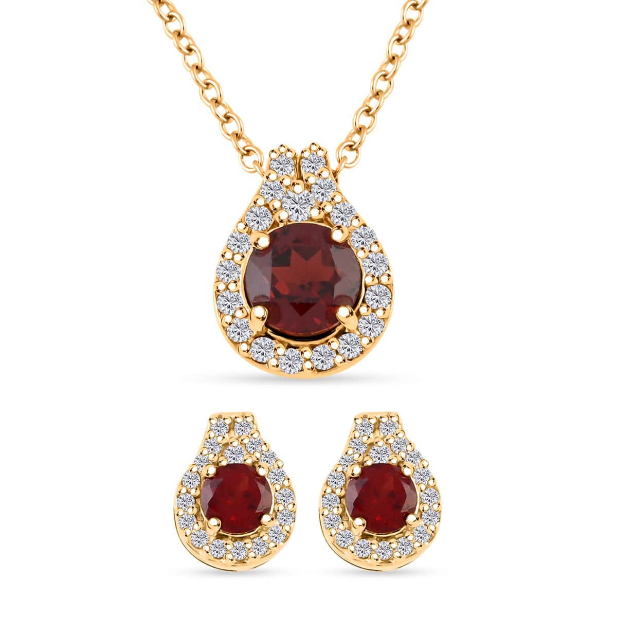 Simulated Garnet and Simulated Diamond 2.90 ctw Earrings, Pendant Necklace 18 Inches in Goldtone image number 0