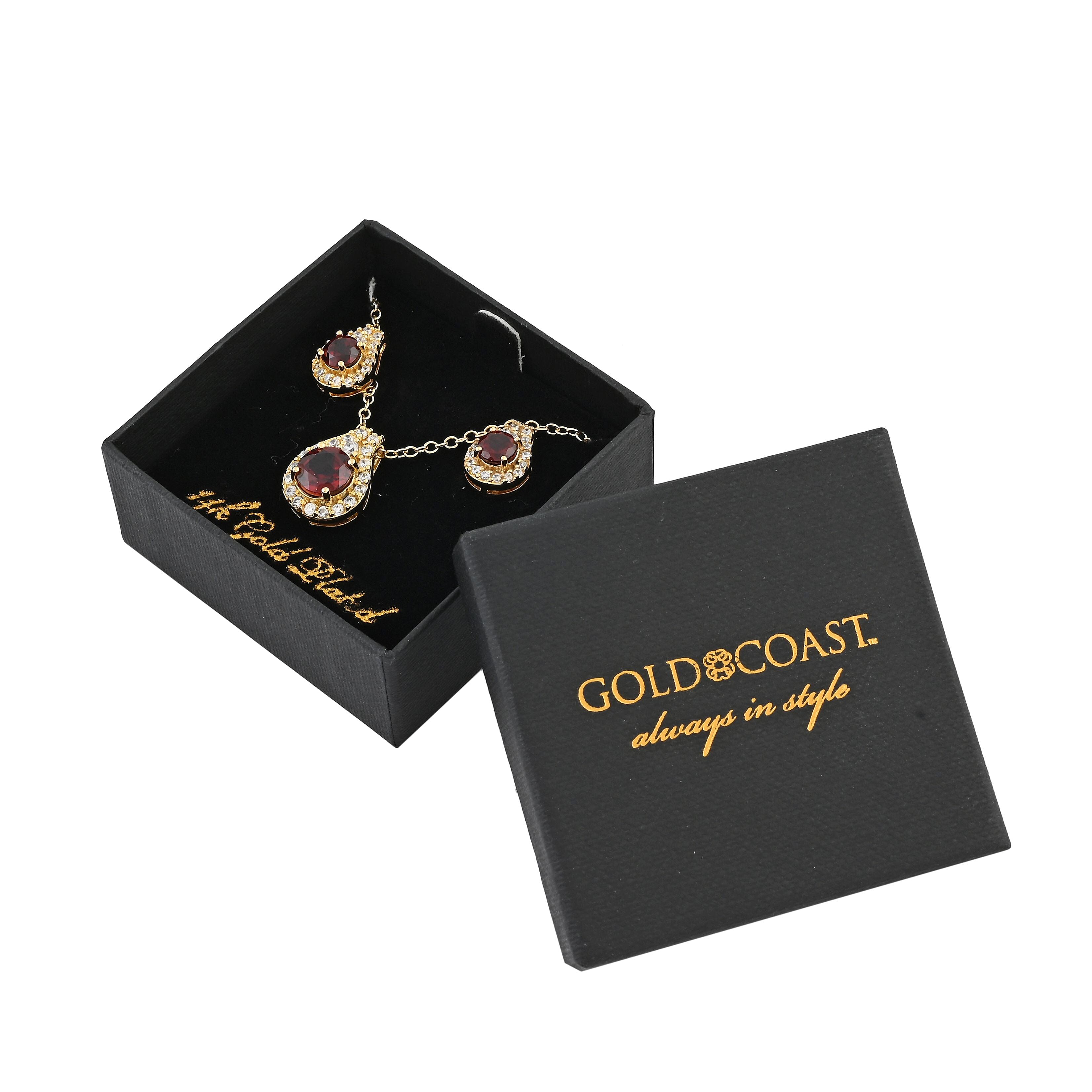 Simulated Garnet and Simulated Diamond 2.90 ctw Earrings, Pendant Necklace 18 Inches in Goldtone
