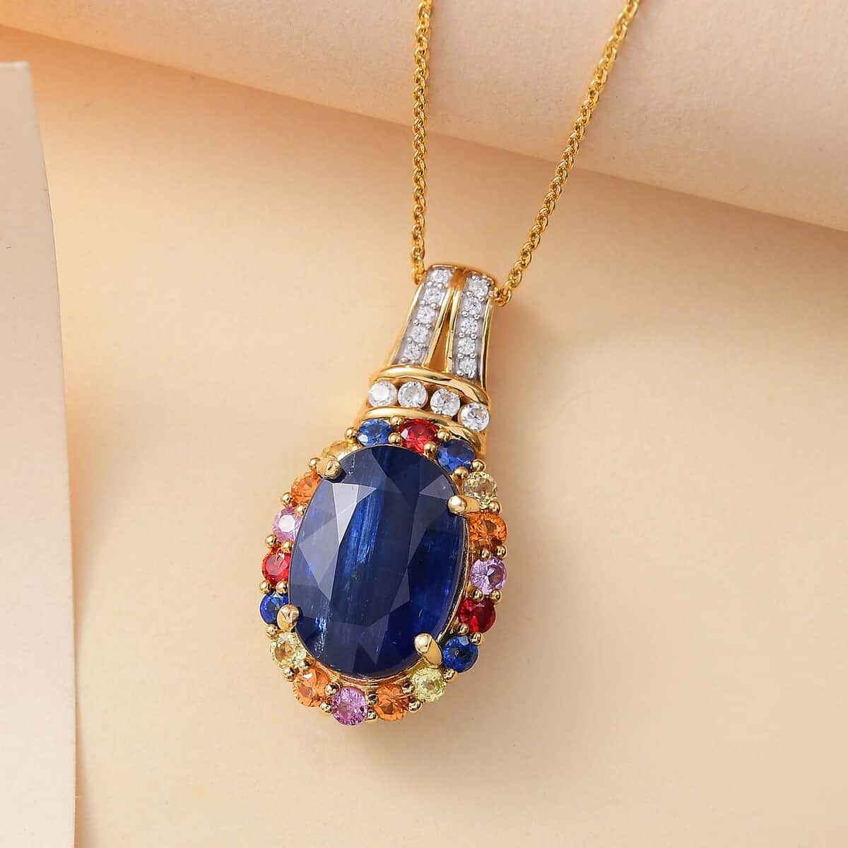 Premium Kashmir Kyanite and Multi Gemstone 8.75 ctw Oceanic Sunset Pendant Necklace in 18K Vermeil Yellow Gold Over Sterling Silver 20 Inches image number 1