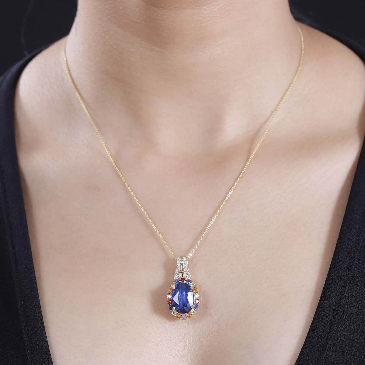 Premium Kashmir Kyanite and Multi Gemstone 8.75 ctw Oceanic Sunset Pendant Necklace in 18K Vermeil Yellow Gold Over Sterling Silver 20 Inches image number 2