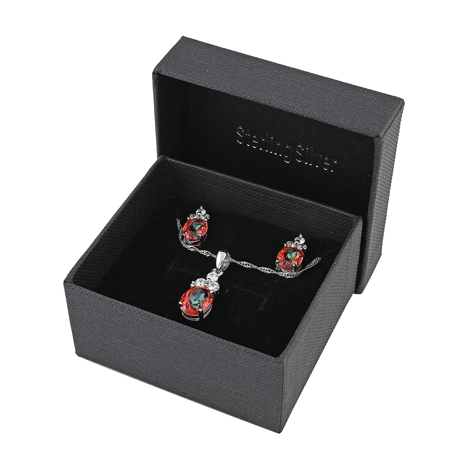 Orange Topaz and White Topaz 5.50 ctw Earrings, Pendant Necklace in Sterling Silver 18 Inches