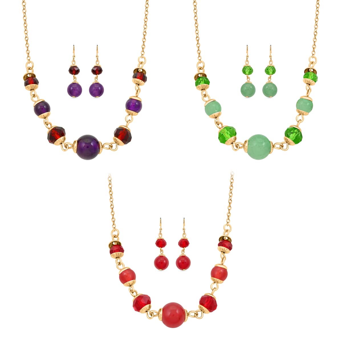 Set of 3 Mozambique Garnet, Amethyst, Jade 42.00 ctw and Multi Color Crystal Necklace 18 Inches and Earrings in Goldtone image number 0