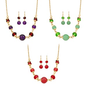 Set of 3 Mozambique Garnet, Amethyst, Jade 42.00 ctw and Multi Color Crystal Necklace 18 Inches and Earrings in Goldtone