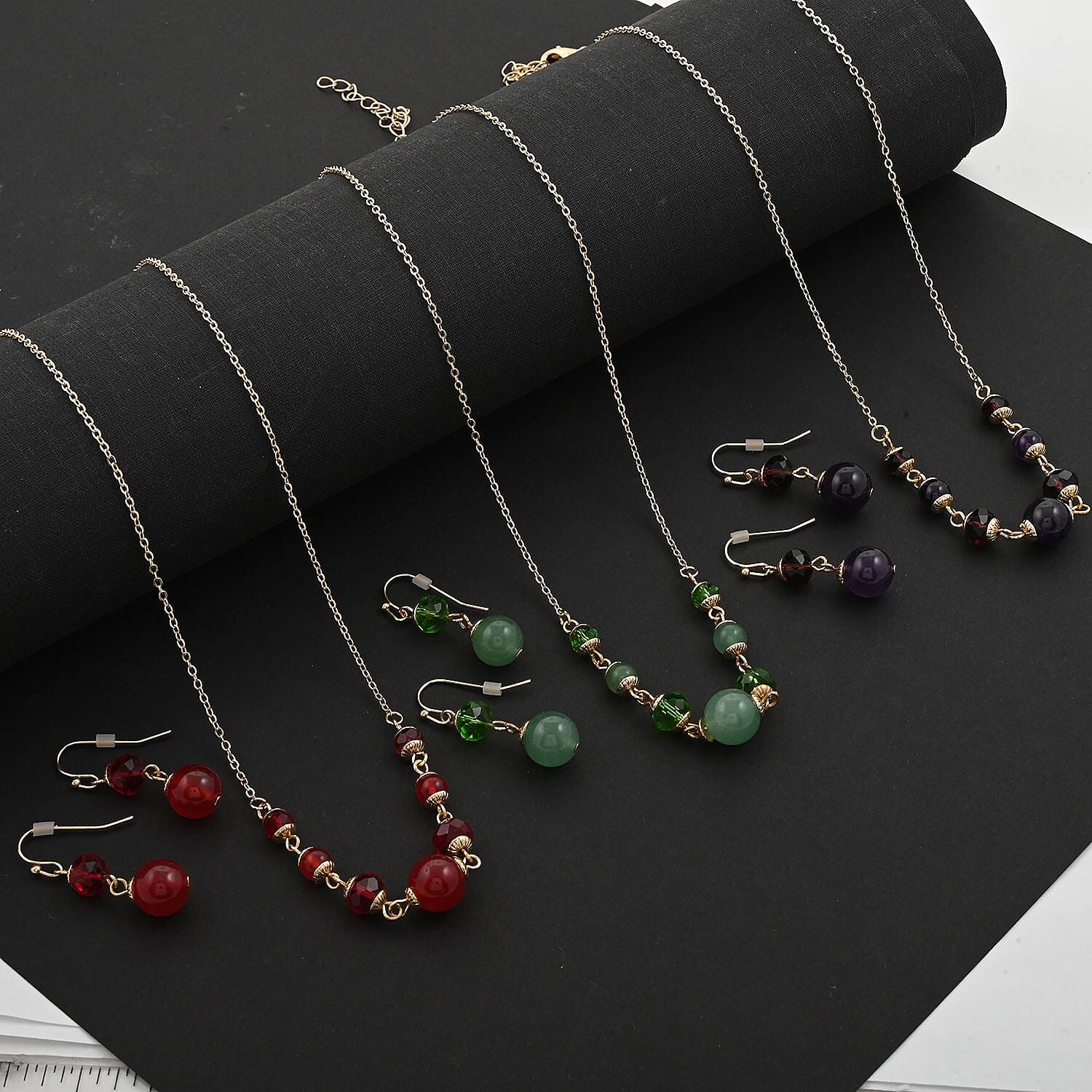 Set of 3 Mozambique Garnet, Amethyst, Jade 42.00 ctw and Multi Color Crystal Necklace 18 Inches and Earrings in Goldtone