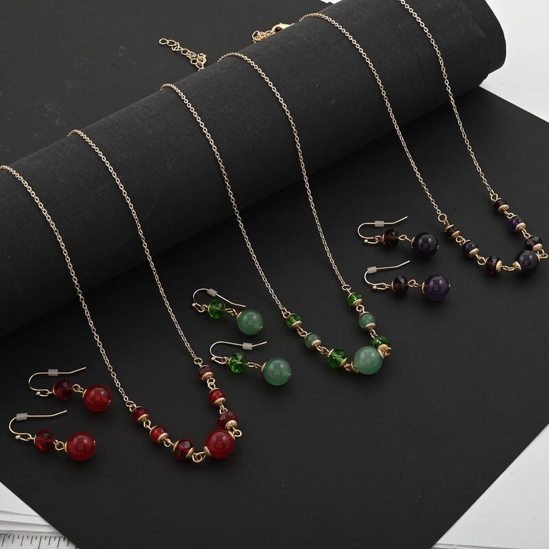 Set of 3 Mozambique Garnet, Amethyst, Jade 42.00 ctw and Multi Color Crystal Necklace 18 Inches and Earrings in Goldtone