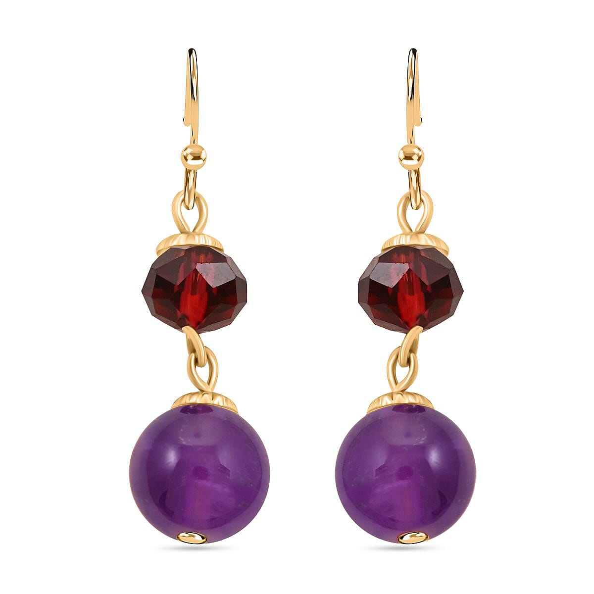 Set of 3 Mozambique Garnet, Amethyst, Jade 42.00 ctw and Multi Color Crystal Necklace 18 Inches and Earrings in Goldtone