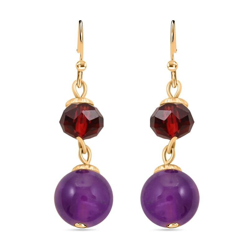 Set of 3 Mozambique Garnet, Amethyst, Jade 42.00 ctw and Multi Color Crystal Necklace 18 Inches and Earrings in Goldtone