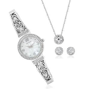 Sutton Quartz Movement White Quartz Watch with Necklace 18 Inches and Earrings in Silvertone 1.15 ctw