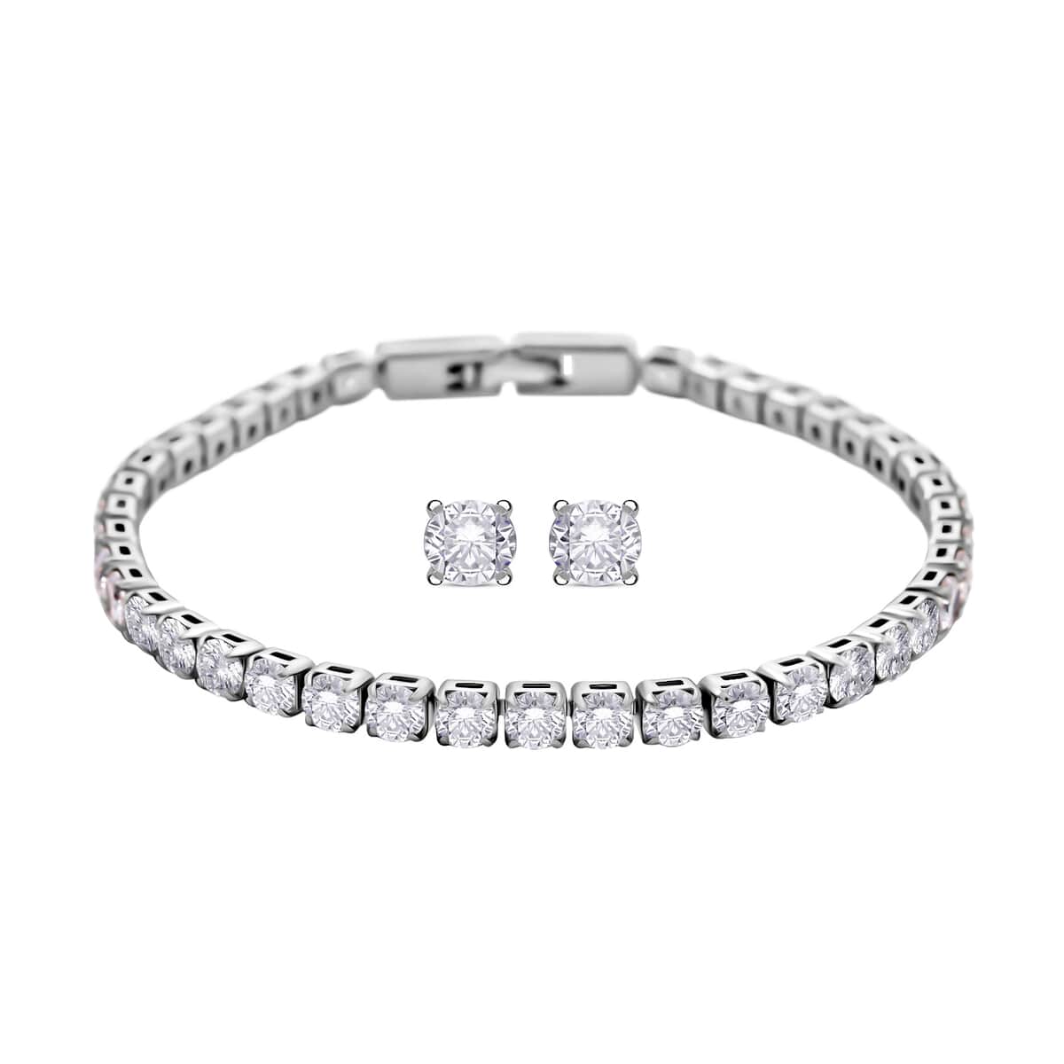 Simulated Diamond Tennis Bracelet (7.00 In) and Stud Earrings in Silvertone image number 0