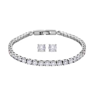 Simulated Diamond Tennis Bracelet (7.00 In) and Stud Earrings in Silvertone