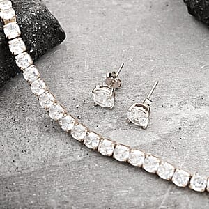 Simulated Diamond Tennis Bracelet (7.00 In) and Round Stud Earrings in Silvertone