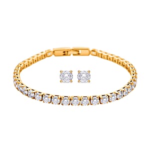 Simulated Diamond Tennis Bracelet (7.00 In) and Stud Earrings in Goldtone