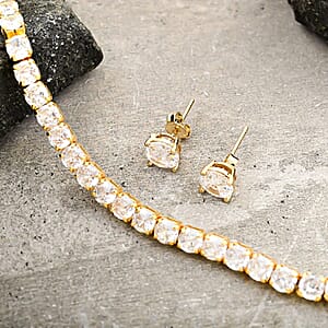 Simulated Diamond Tennis Bracelet (7.00 In) and Stud Earrings in Goldtone